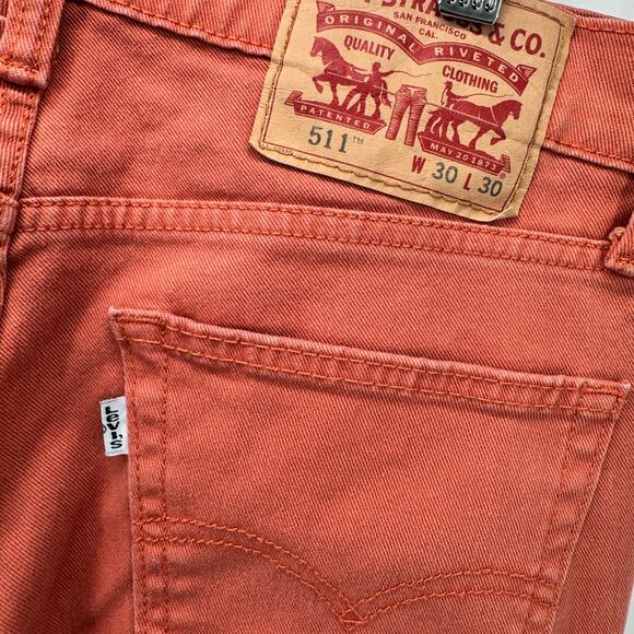Levi's 511 Jeans Mens 30x30 (29x27 Actual) Slim Salmon Denim White Tab HEMMED - Picture 4 of 9
